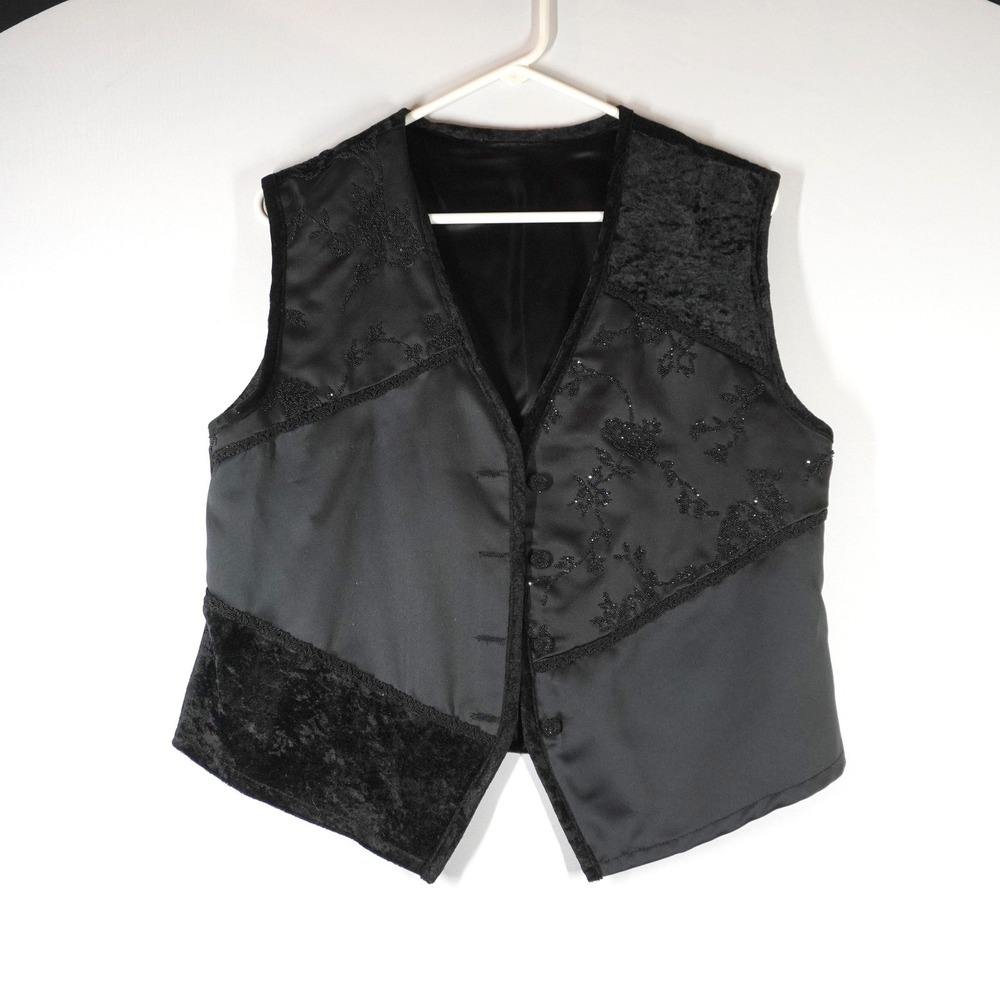 VTG Patchwork Vest L Black Velvet Satin‎ Floral Sequin Goth Dark Boho Whimsigoth